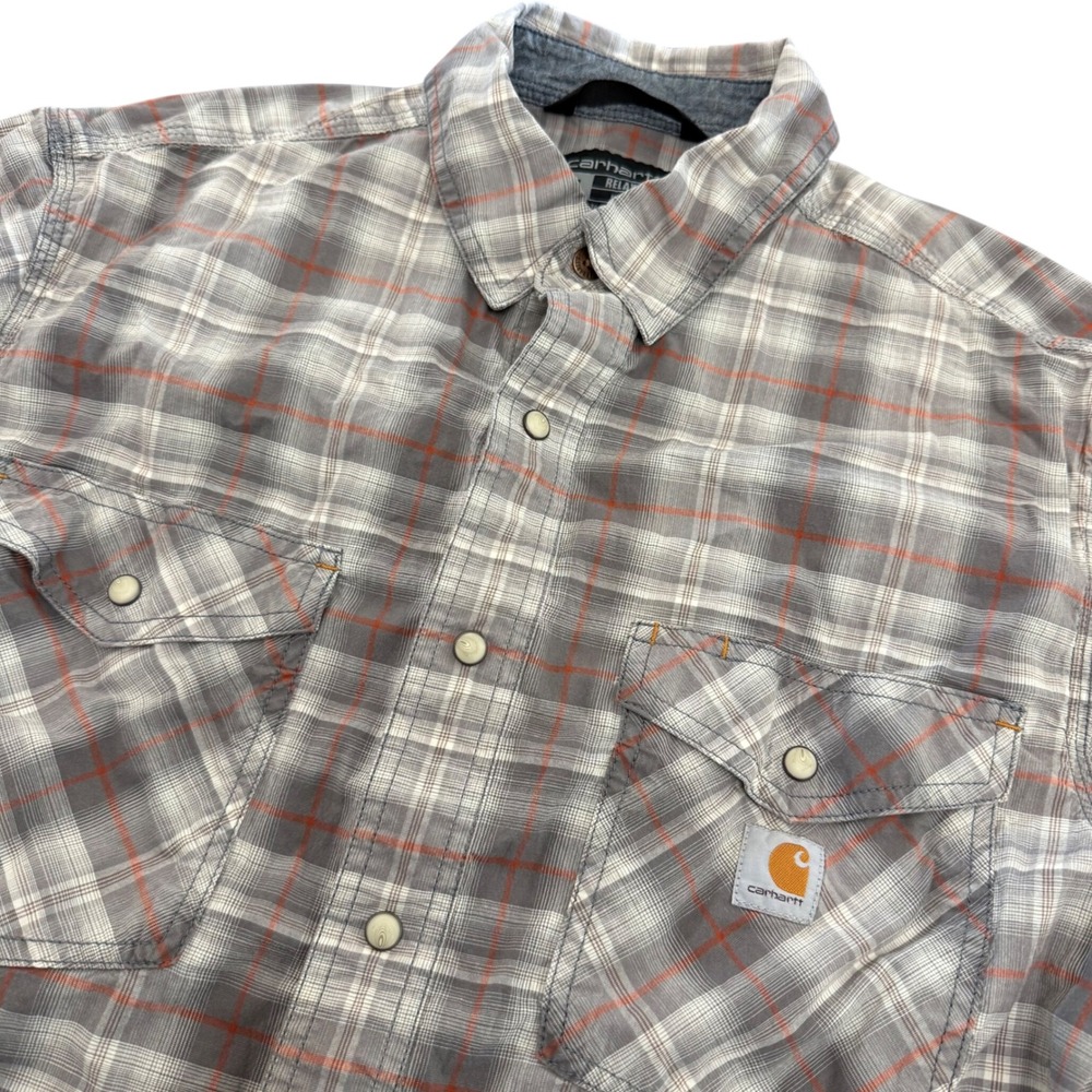 Carhartt Rugged Flex Mens M Plaid Pearl Snap Flannel Short Sleeve Shirt Grey